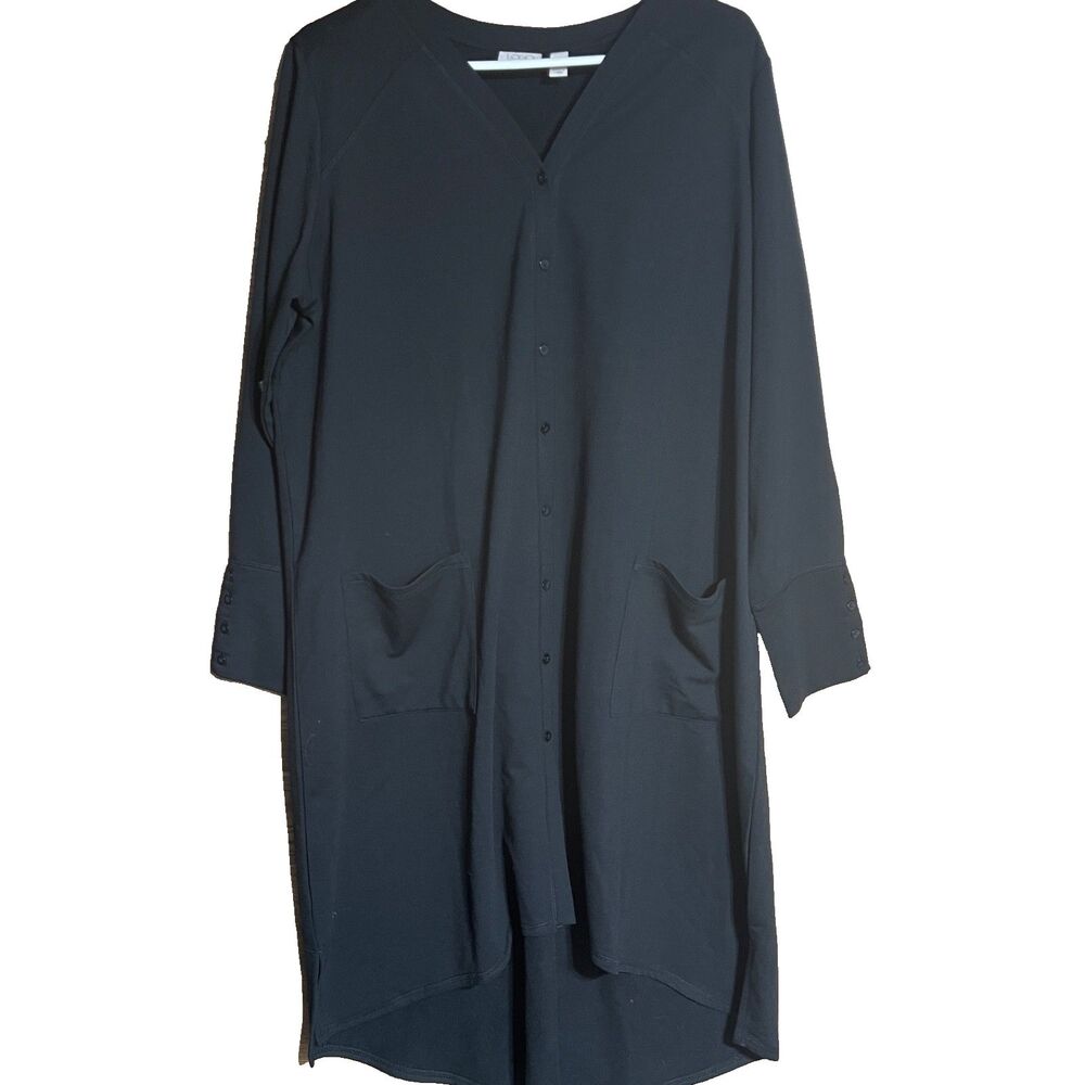 LOGO Lori Goldstein Womens Black Midi Shirt Dress Size 1X Black Button Front